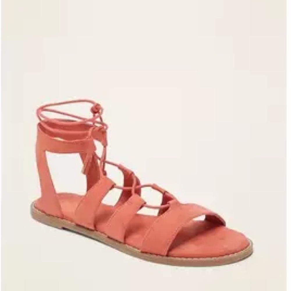 Old Navy Faux Suede Coral Rust Flat Gladiator Strappy Tie Tassel Sandals- Size 6